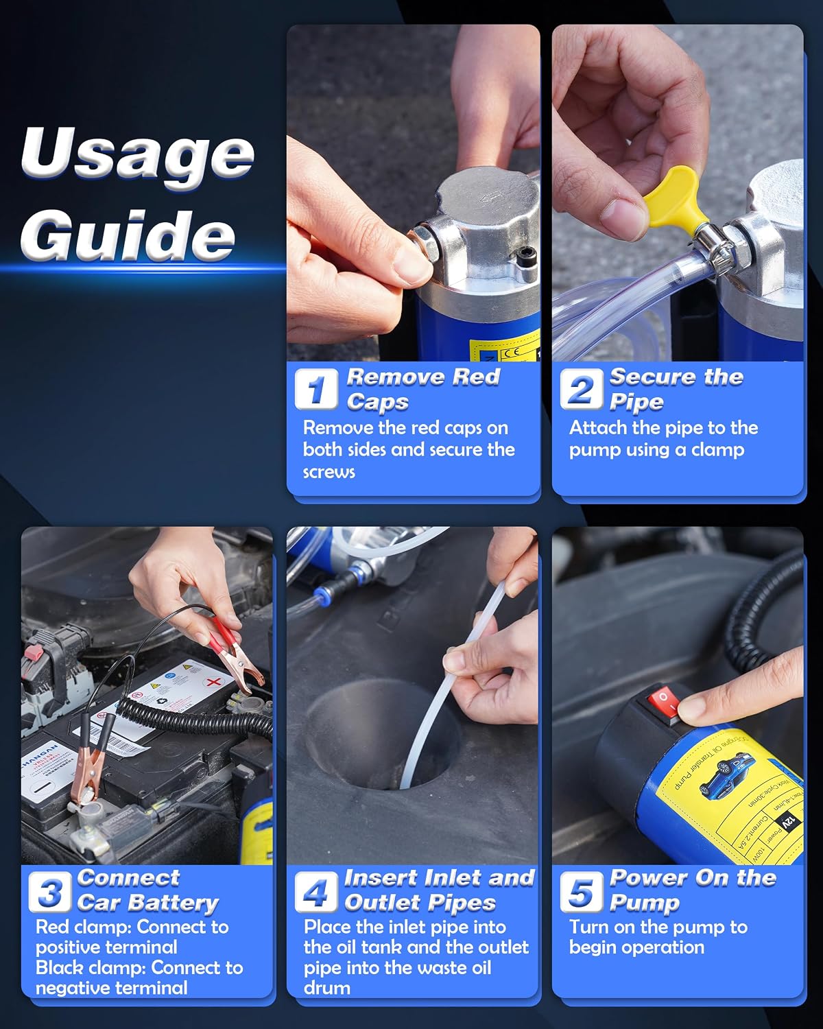 Five step usage guide for 12V oil extractor pump