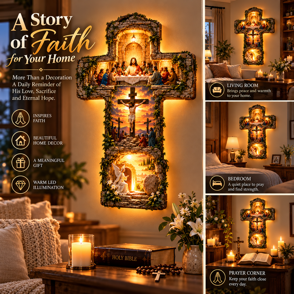 He Is Risen LED wall cross home display image