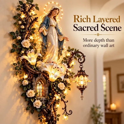 🕊️ Illuminated Virgin Mary Floral Wall Decor – Light-Up Marian Faith Wall Art