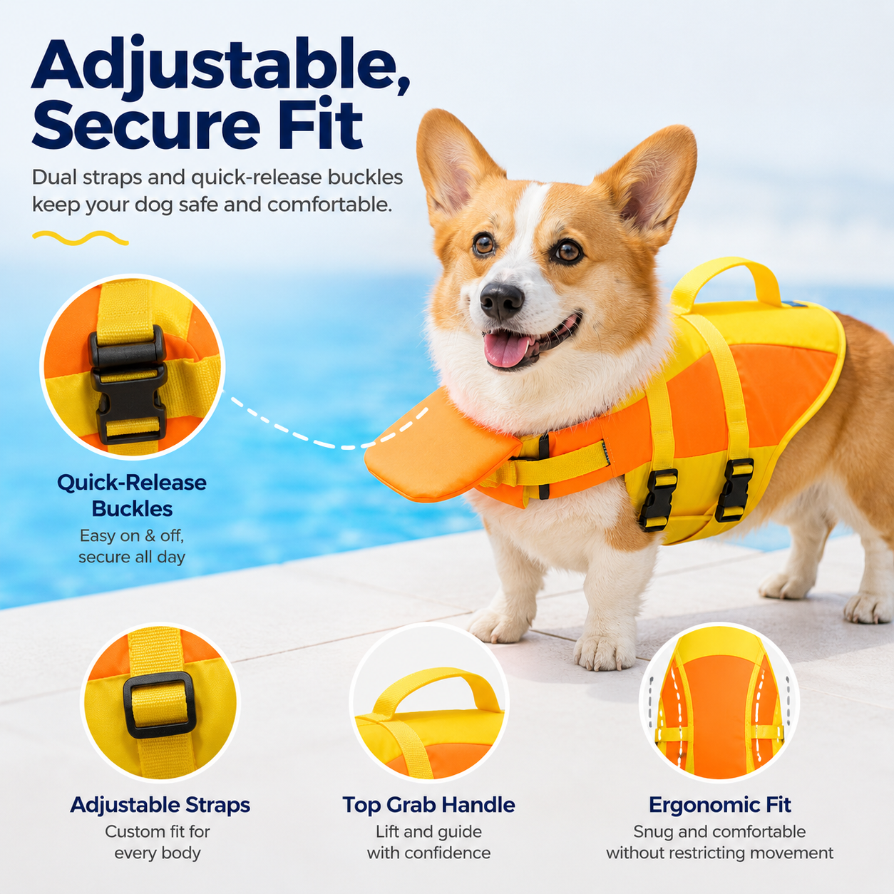 🐶 Adjustable Dog Life Jacket – Chin Float, Rescue Handle & Secure Swim Vest