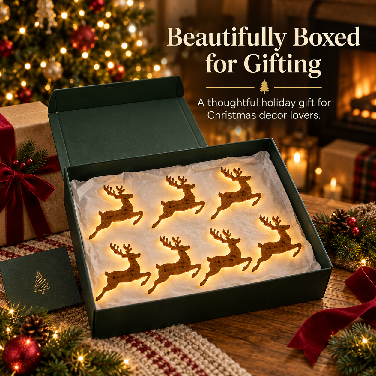 🦌 7-Piece Glowing Reindeer Wall Decor – Warm Christmas Flying Reindeer Light Set