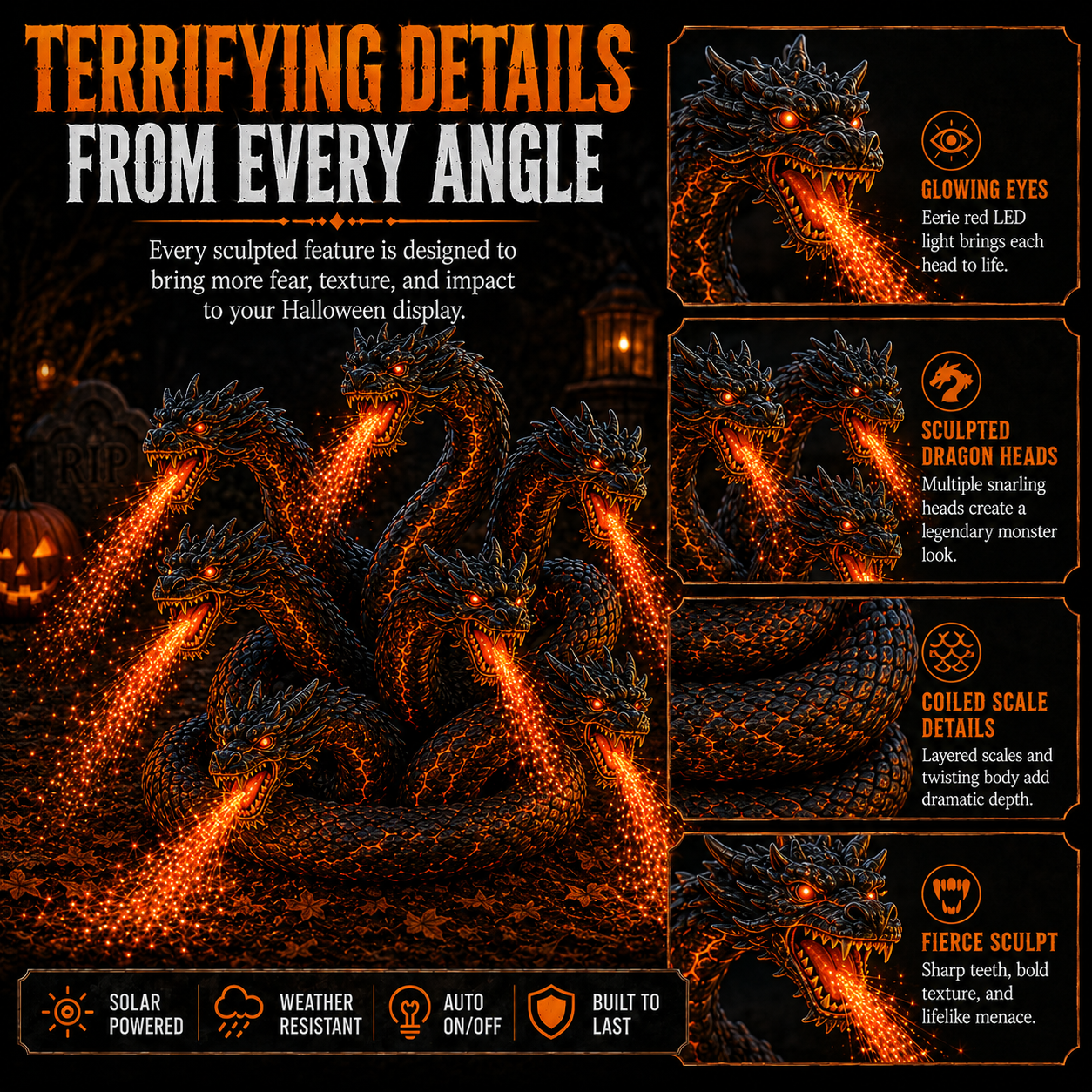 🎃 Fire-Breathing Orochi Solar Garden Light – Epic Multi-Headed Dragon Halloween Decor