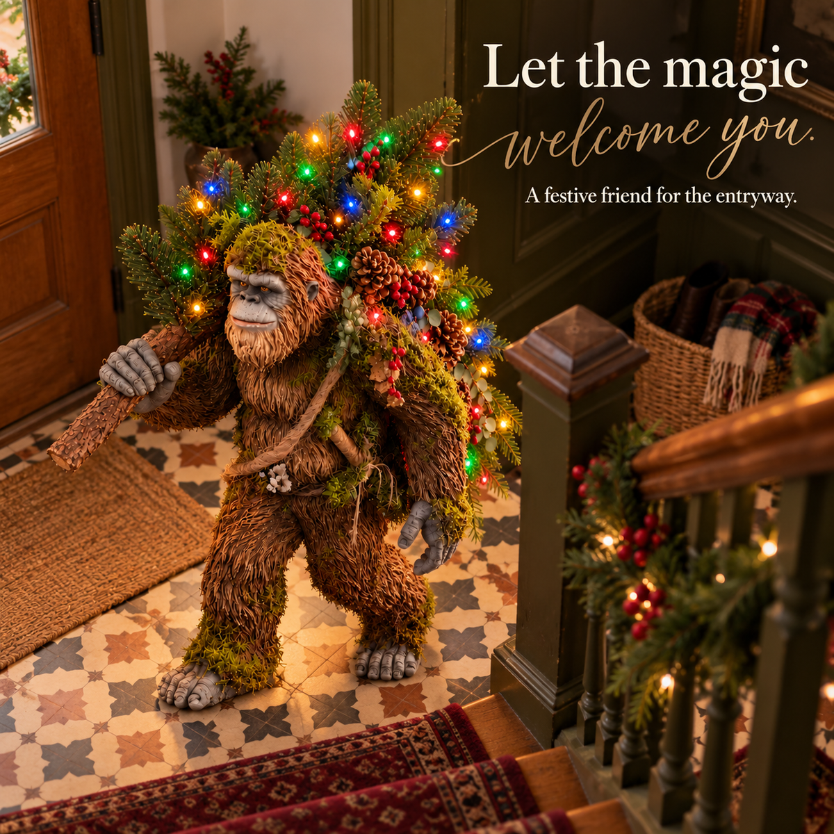 🎄 Light-Up Sasquatch Christmas Decoration – Bigfoot Carrying a Colorful Christmas Tree