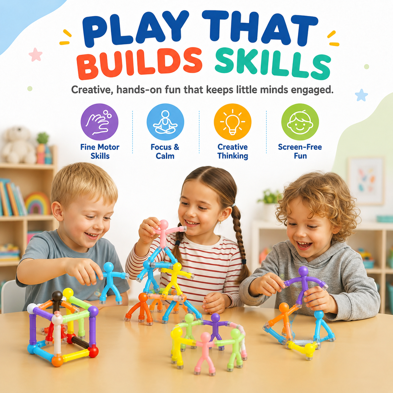 Kids playing with magnetic figures for fine motor and creative play