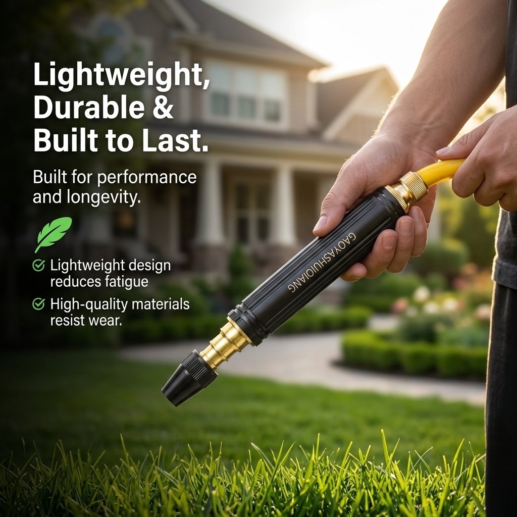 Lightweight compact water spray gun held in one hand and connected to a hose