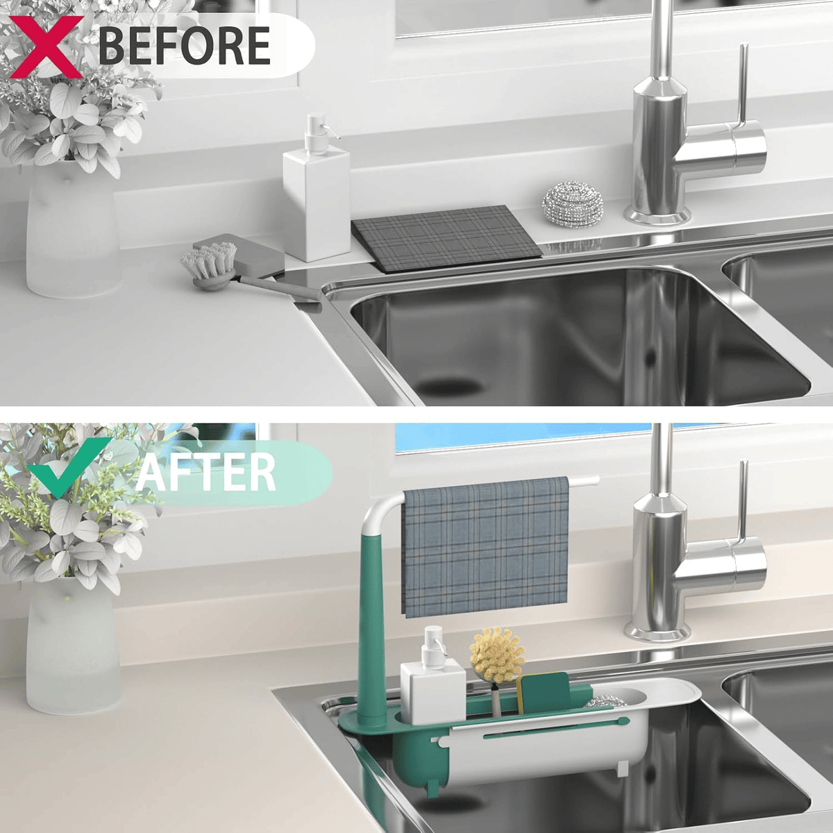 🧽 Telescopic Sink Storage Rack – Adjustable Draining Organizer with Towel Bar