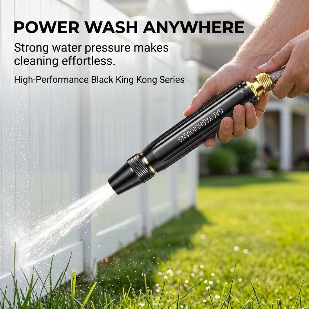 Compact water spray gun directing a focused stream toward an outdoor surface