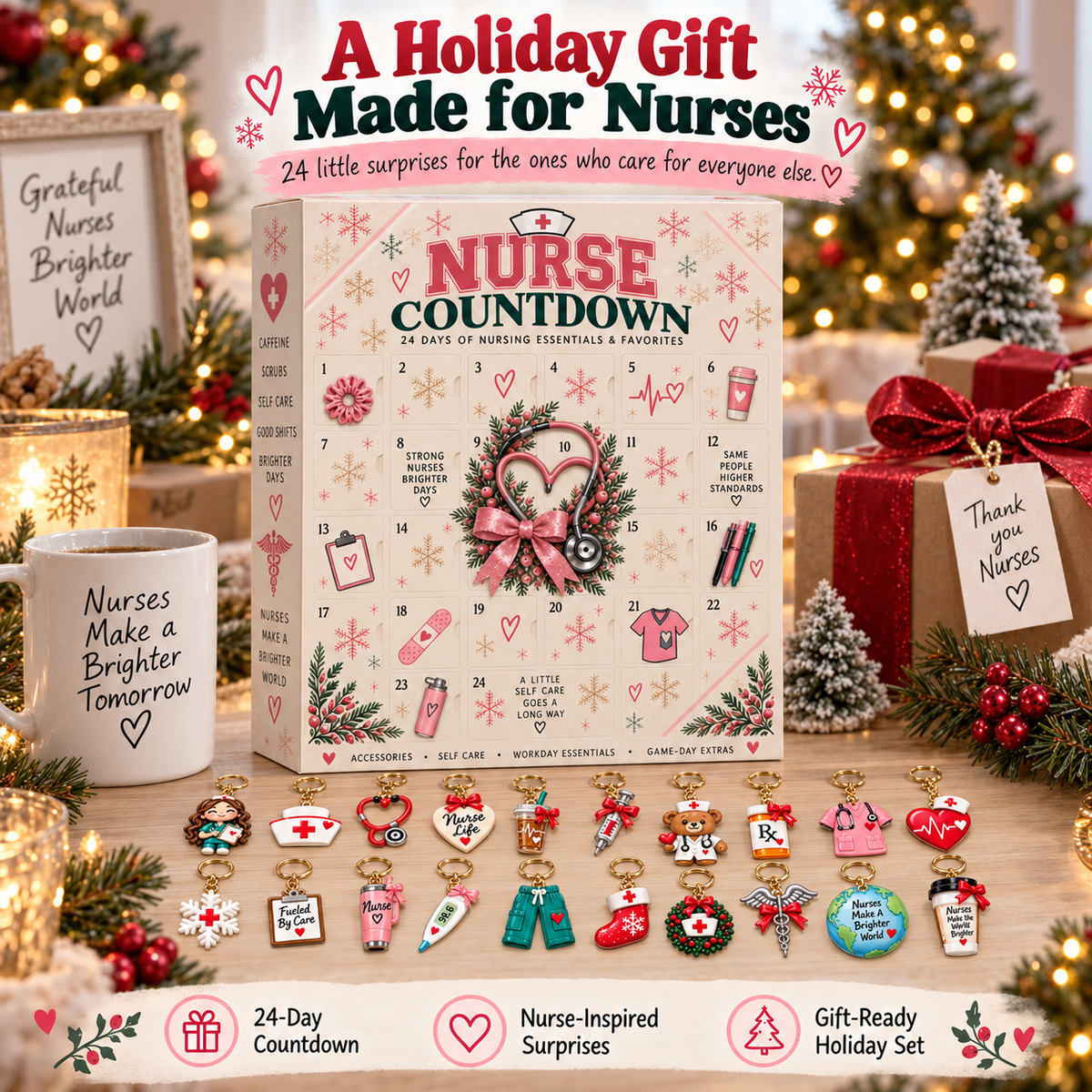 🎄 24-Day Nurse Appreciation Advent Calendar – 24 Nurse-Themed Keychains