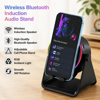 🔊 5-in-1 Wireless Induction Bluetooth Speaker Stand – 360° Rotating Phone Holder with LED Light