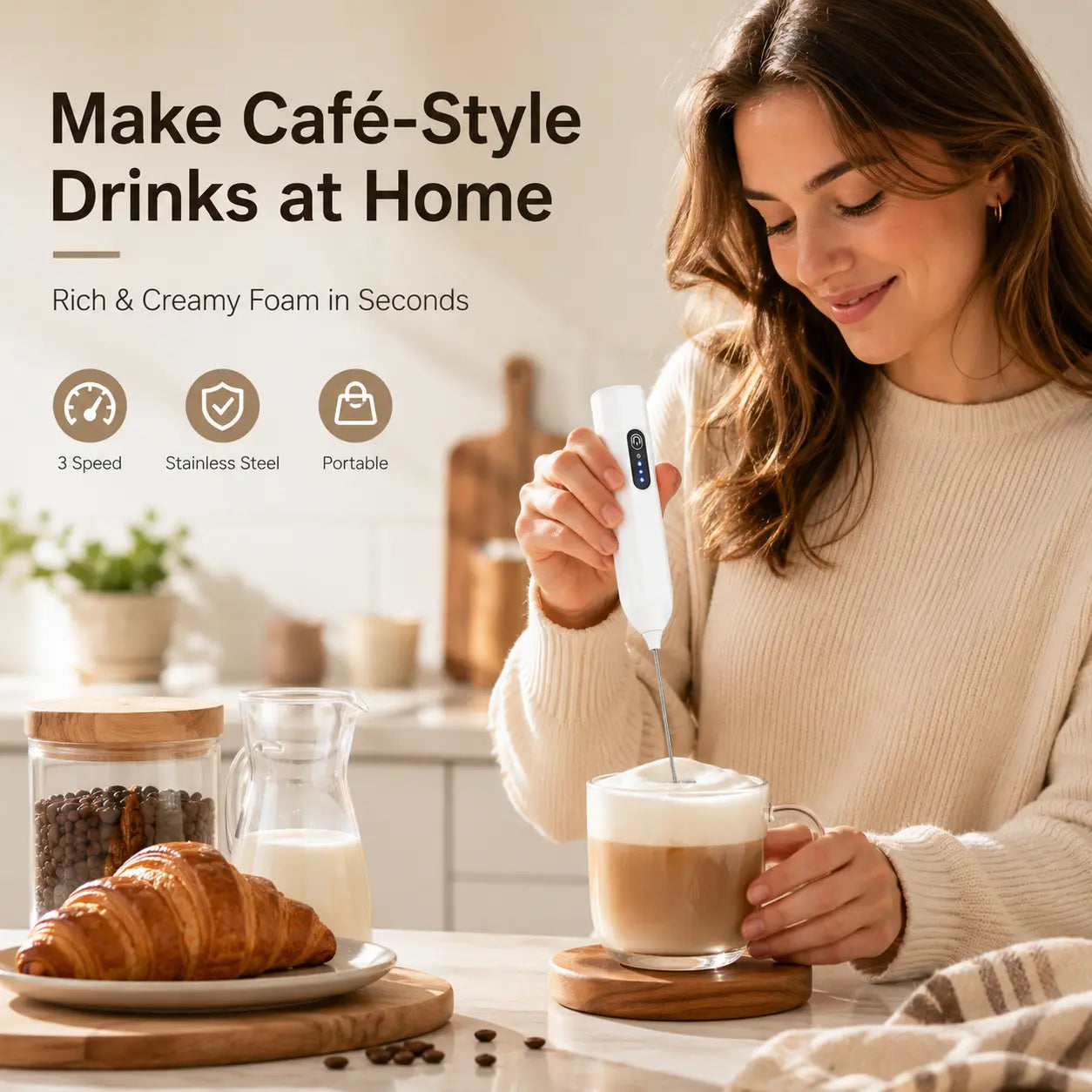 3-Speed Rechargeable Milk Frother for Café-Style Drinks
