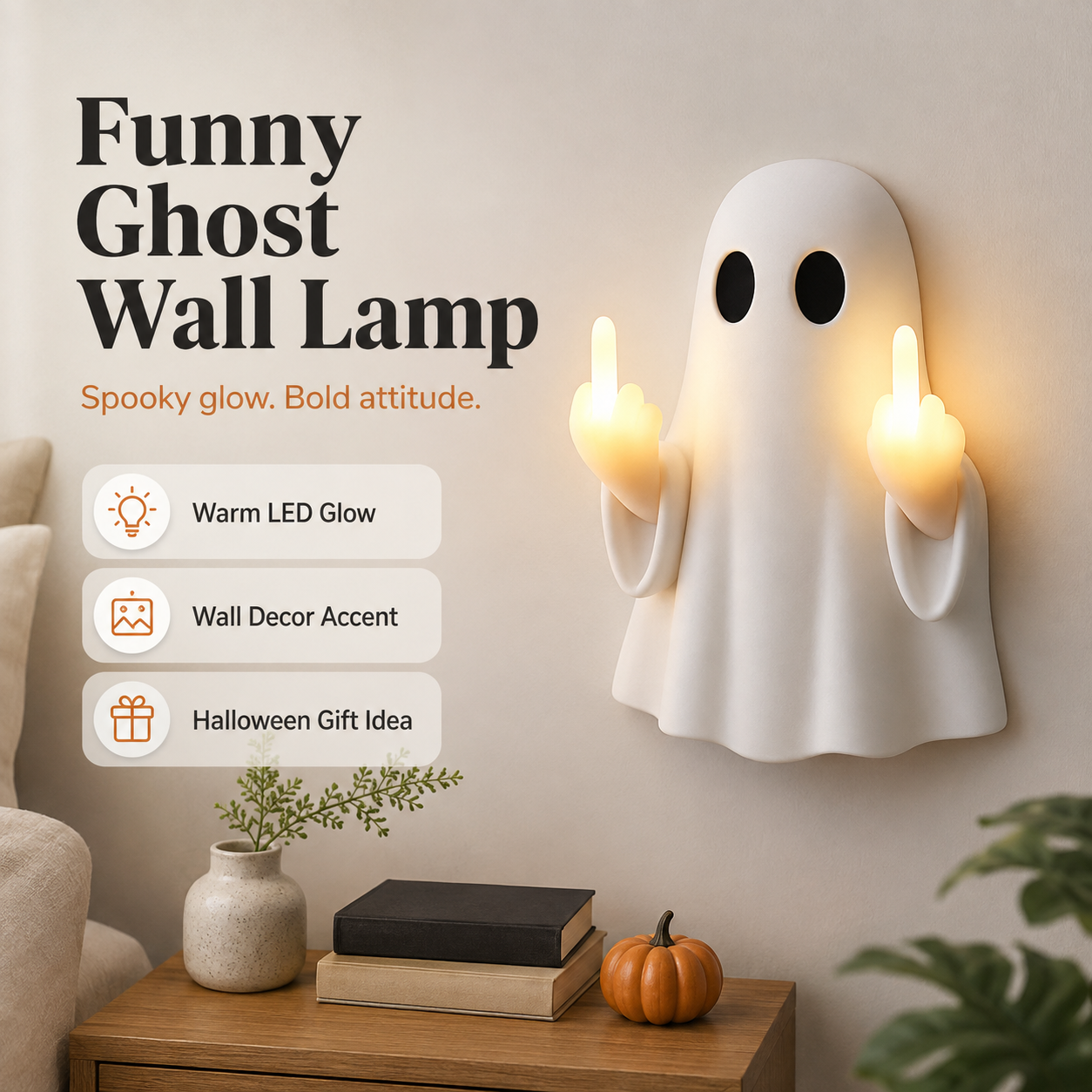 👻Middle Finger Ghost Light, Halloween Bedroom Funny LED Glow Wall Decor Lamp