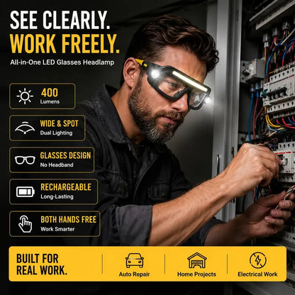 🔥 Hands-Free LED Work Glasses – Wide Front Beam + Dual Side Spotlights