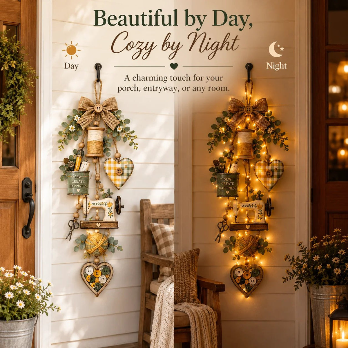 Sewing hanging ornament shown during the day and glowing with warm lights at night