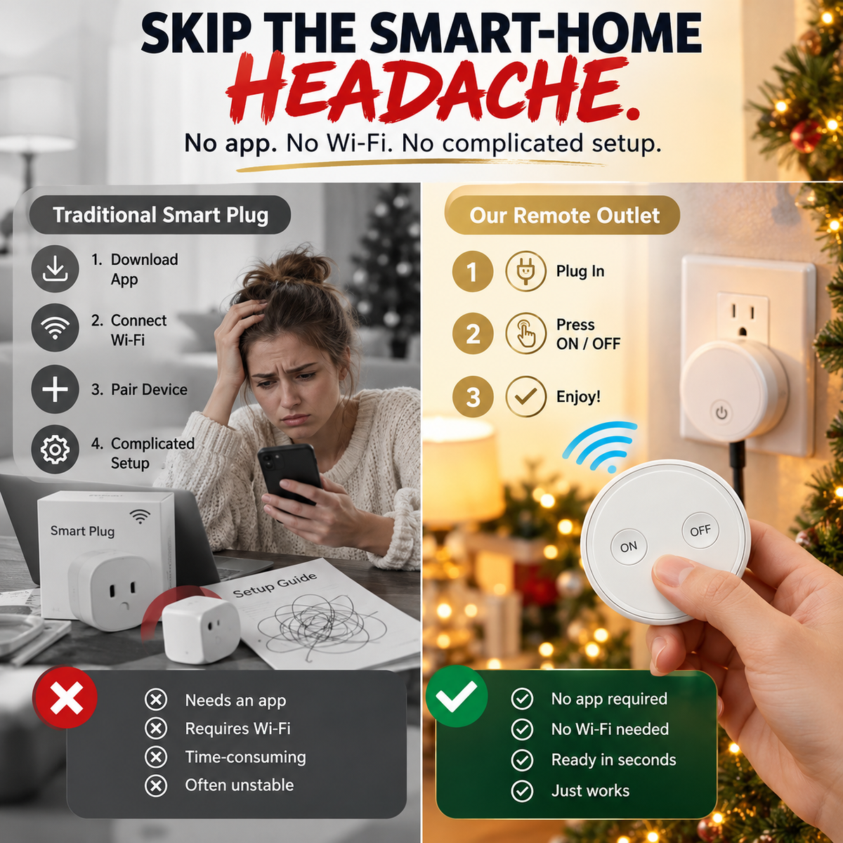 Traditional smart plug compared with simple RF remote outlet