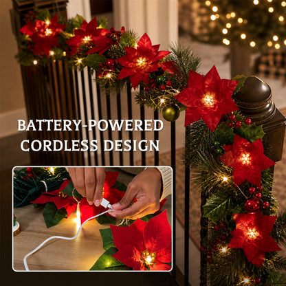 🎄Lighted Poinsettia Christmas Garland – Warm LED Holiday Greenery