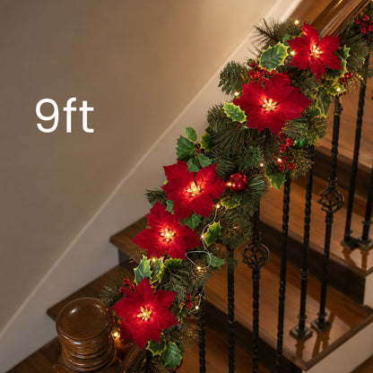 🎄Lighted Poinsettia Christmas Garland – Warm LED Holiday Greenery