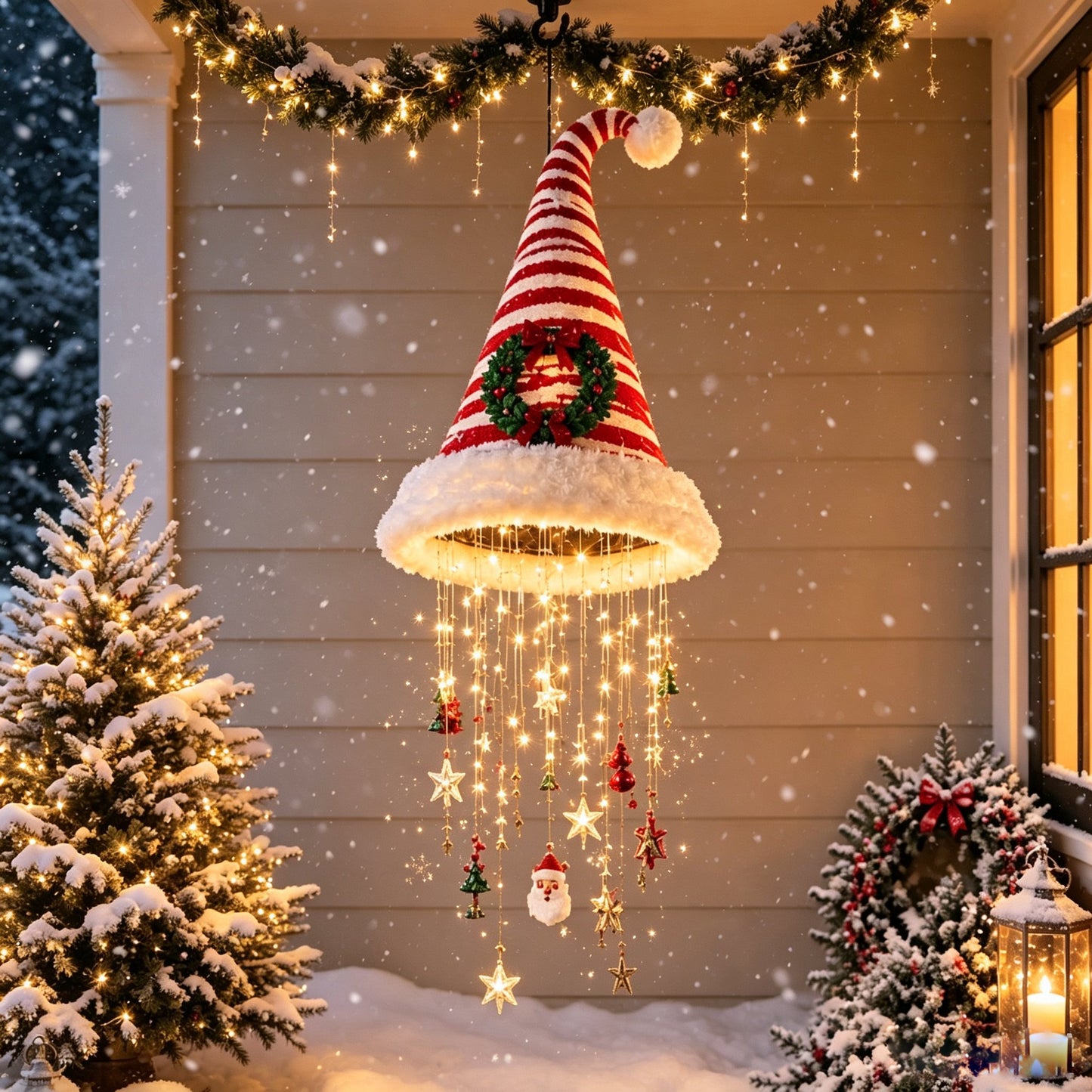 🎅✨ Lighted Santa Hat Hanging Chandelier