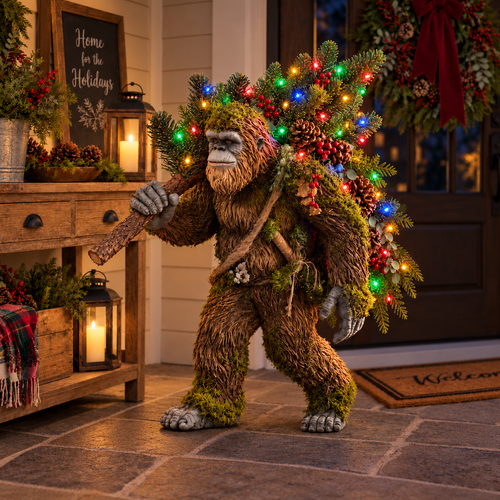 🌲 Light-Up Woodland Bigfoot Christmas Decor – Festive Sasquatch with Colorful Christmas Tree