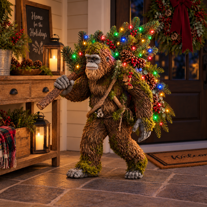 🎄 Light-Up Sasquatch Christmas Decoration – Bigfoot Carrying a Colorful Christmas Tree