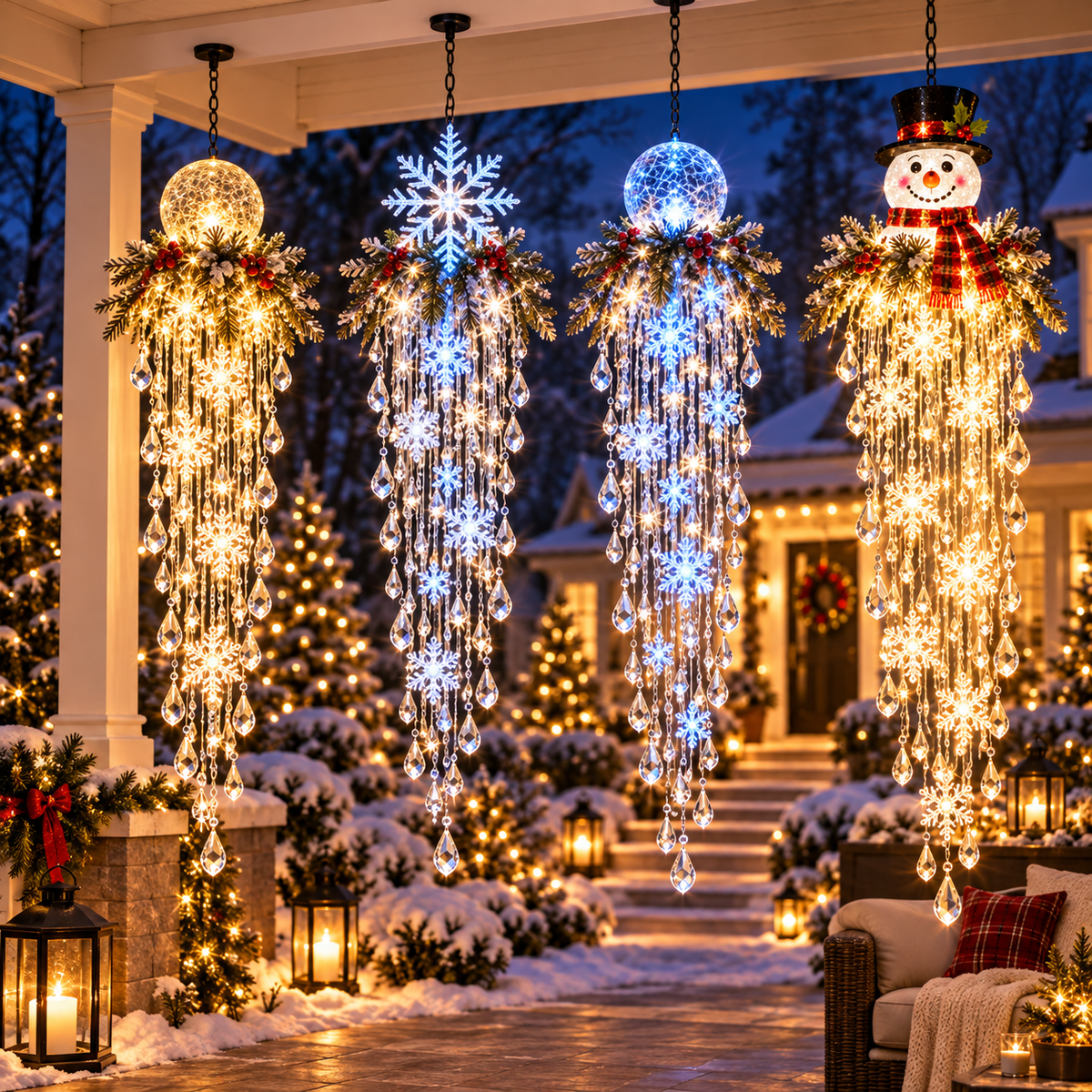 ❄️ Crystal Cascade Christmas Hanging Light – LED Snowflake & Crystal Drop Decor