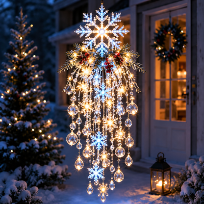 ❄️ Crystal Cascade Christmas Hanging Light – LED Snowflake & Crystal Drop Decor