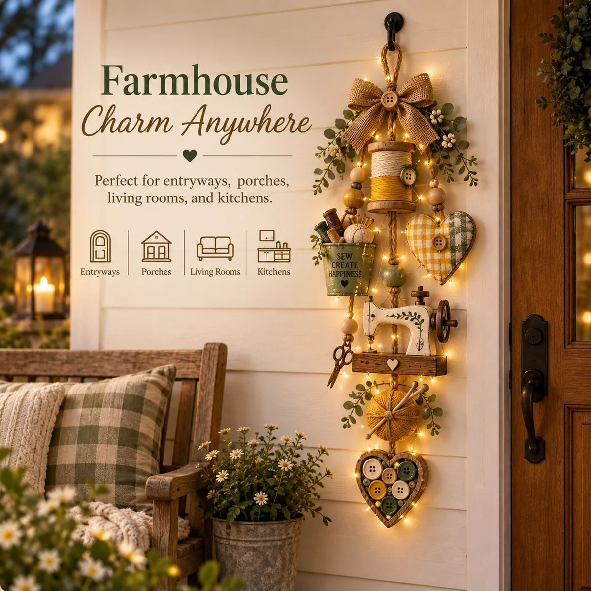 Lighted rustic sewing hanging decoration displayed in a warm farmhouse entryway