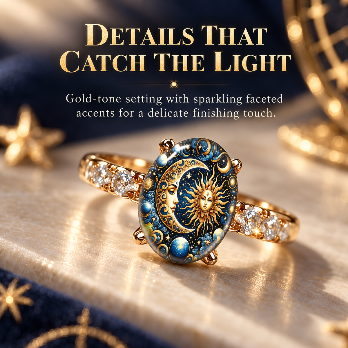Sun & Moon Celestial Gold Ring – Vintage Cosmic Oval Jewelry