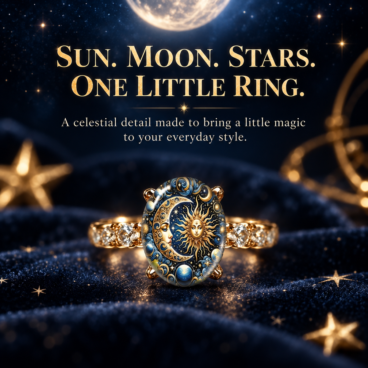 Sun & Moon Celestial Gold Ring – Vintage Cosmic Oval Jewelry