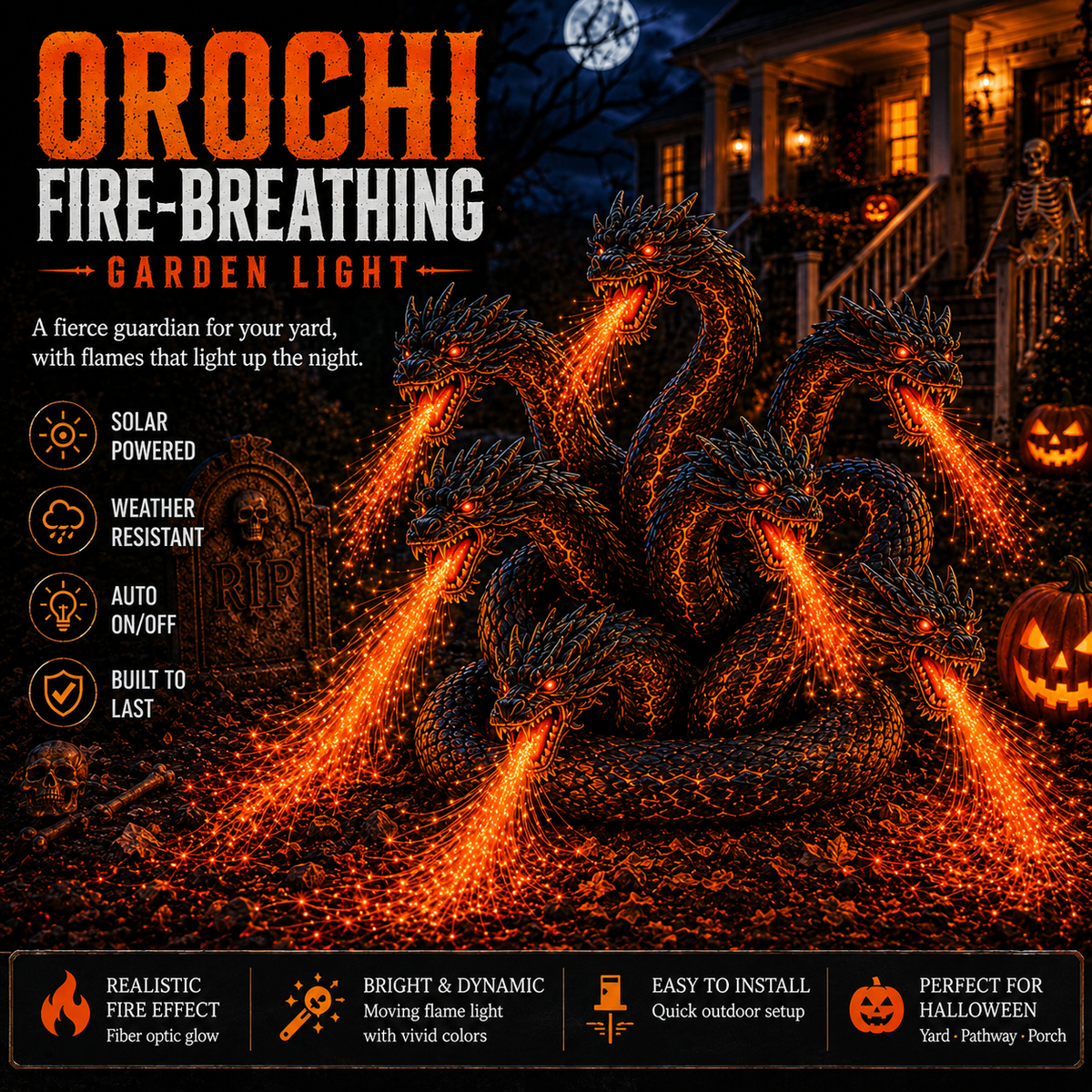 🎃 Fire-Breathing Orochi Solar Garden Light – Epic Multi-Headed Dragon Halloween Decor