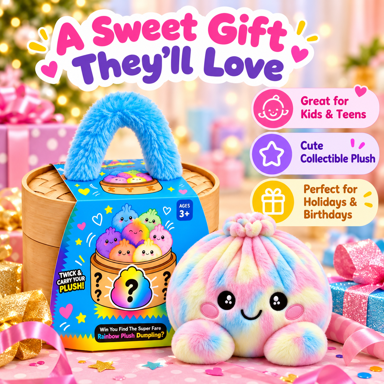 Rainbow dumpling plush and basket in a colorful gift scene