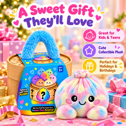 Rainbow Dumpling Plush Squishy with Bamboo-Style Steamer Basket – 8 Adorable Colors, Cute Stuffed Toy & Gift