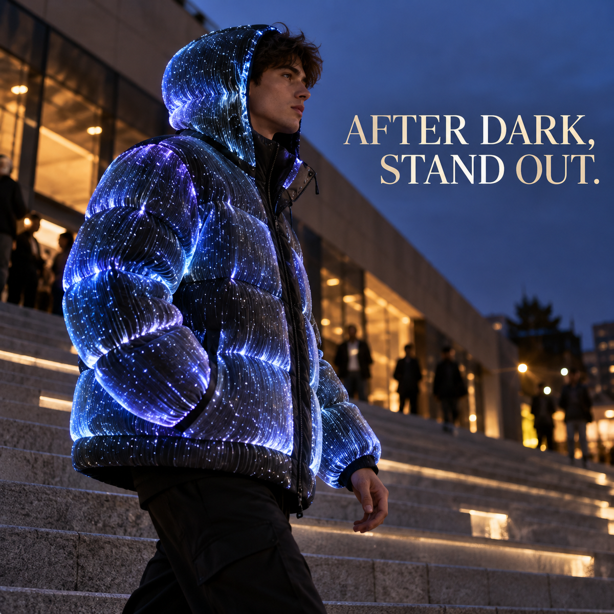 ⚡🌌LED Light-Up Puffer Jacket – All-Over Fiber Optic Glow, Hooded Winter Coat for Festivals & Nightlife ✨