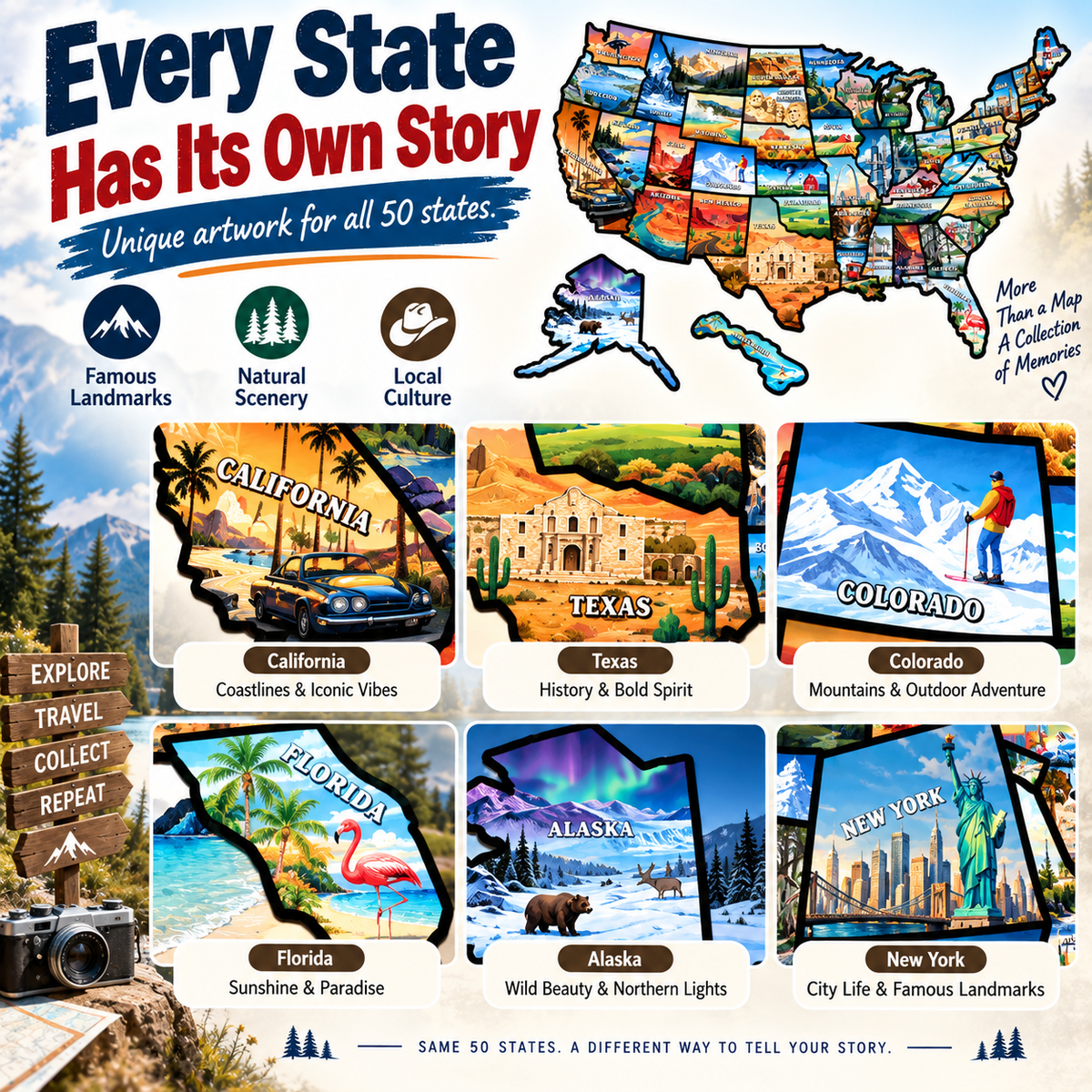 🔥🗺️RV State Sticker Travel Map—Document Your American Adventures in Style