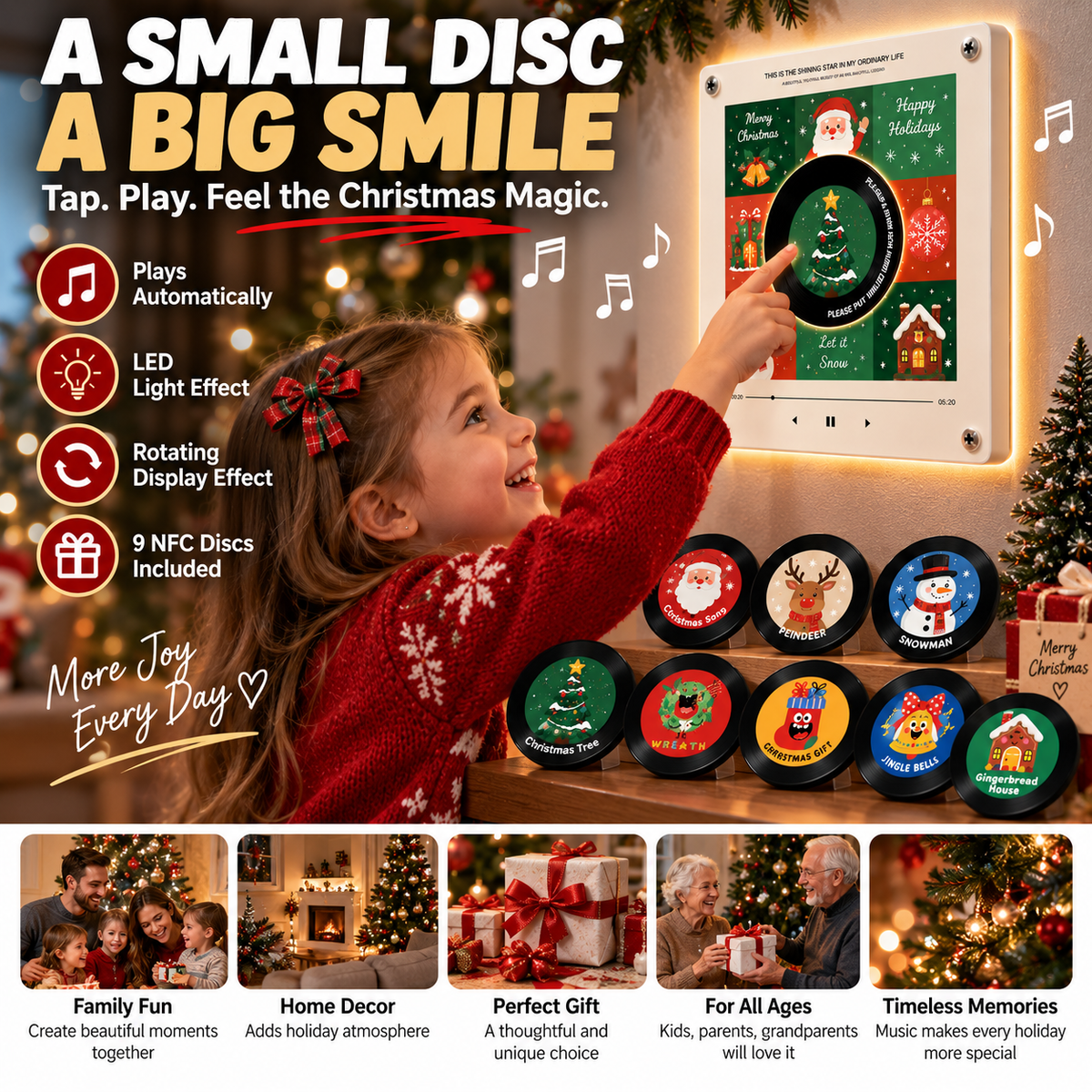 🎄🎵Christmas NFC Music Player – Turn Your Fridge Into a Holiday Jukebox. with 9 Vinyl Style Discs and USB C