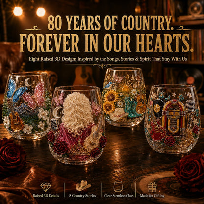 🤠 Queen of Country 1946–2026 3D Glass Collection | 8 Inspired Country Designs with Raised Guitars, Butterflies, Boots, Florals & Vintage Music Details 🎸✨