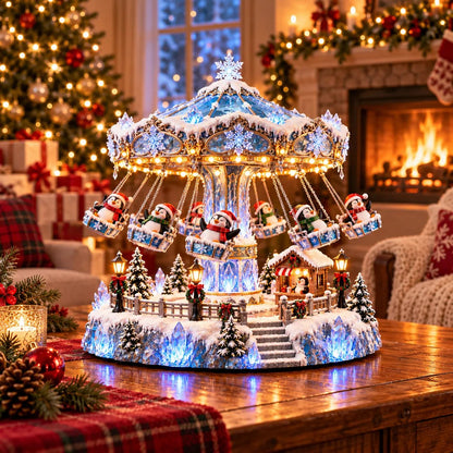 🐧 Penguin Winter Swing Carnival – Rotating Light-Up Christmas Decoration