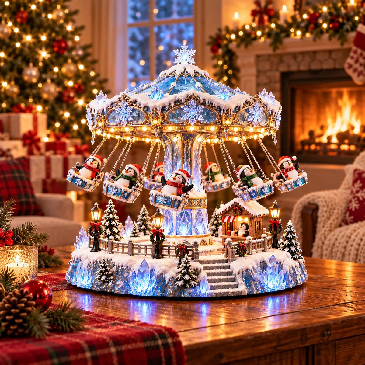 🐧 Rotating Penguin Christmas Swing Carousel – Light-Up Winter Carnival Decoration