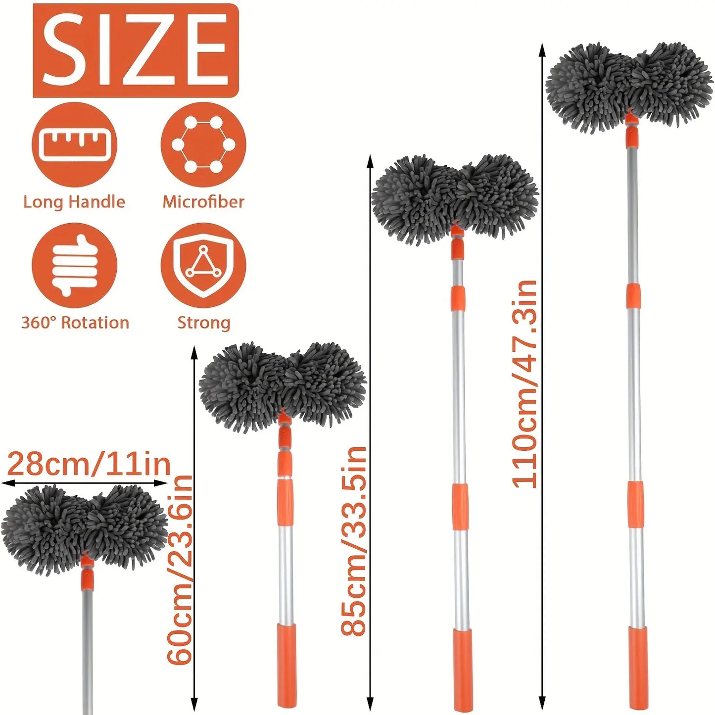 🚗43'' Long Handle Car Wash Mop, 3X Fast Clean, Retractable Aluminum Alloy Pole