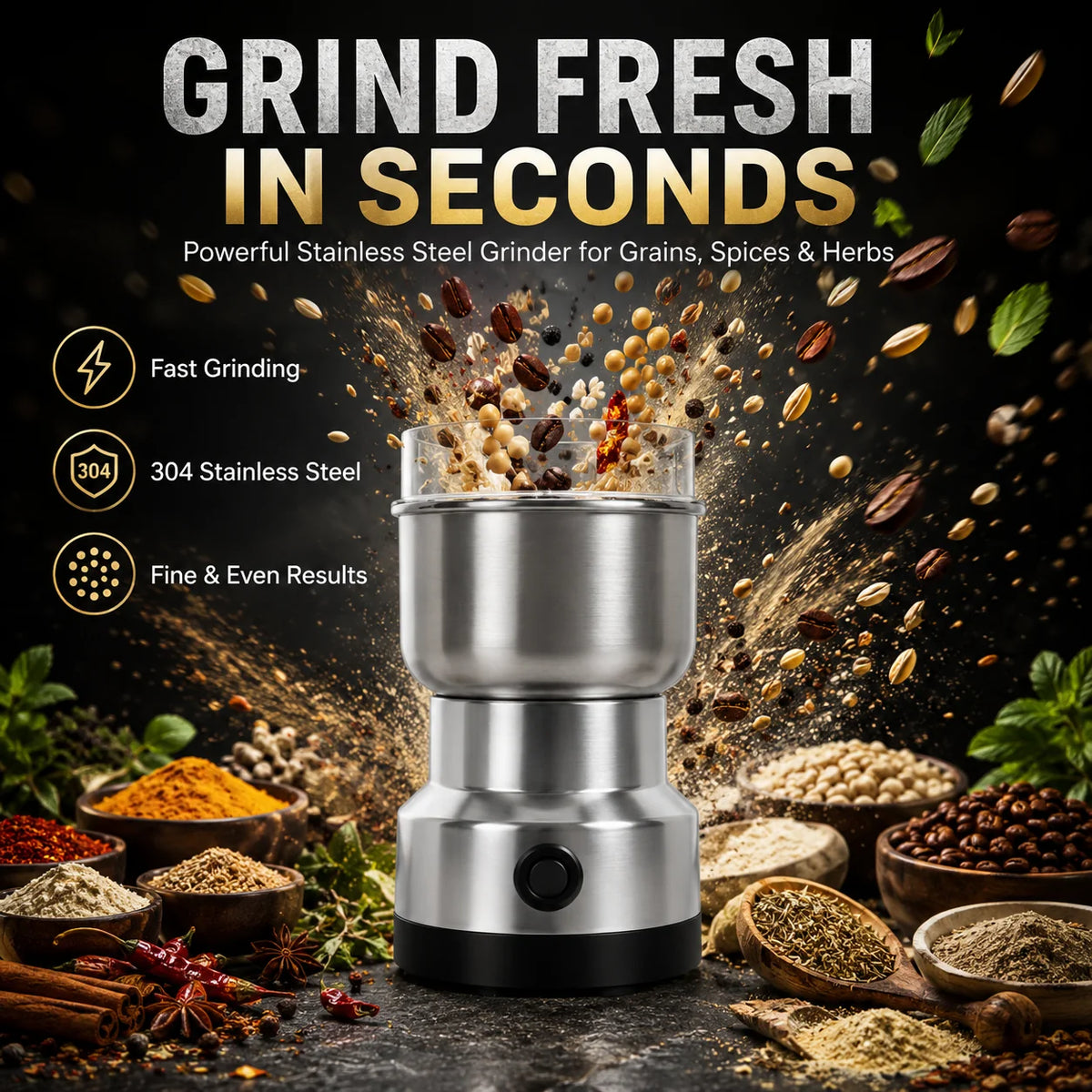 Original product gallery image of the stainless steel grain grinder surrounded by grains and spices