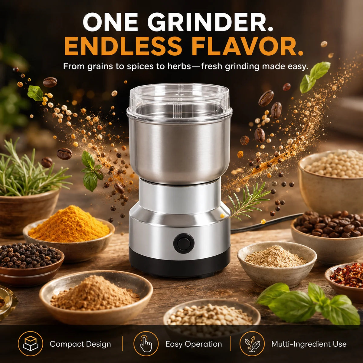 Original product gallery image showing the stainless steel grinder surrounded by ground spices, coffee beans and grains