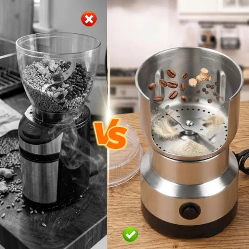 Original product comparison image showing a conventional grinder beside the stainless steel grain grinder