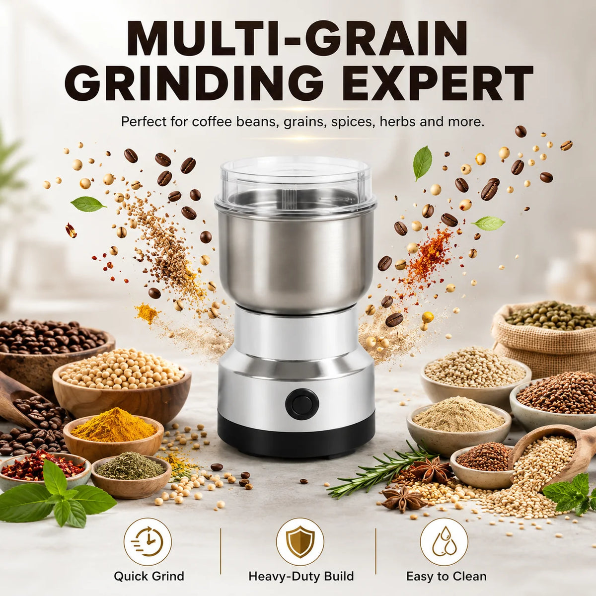 Original product gallery image showing the grain grinder with different grains, herbs, coffee beans and spices