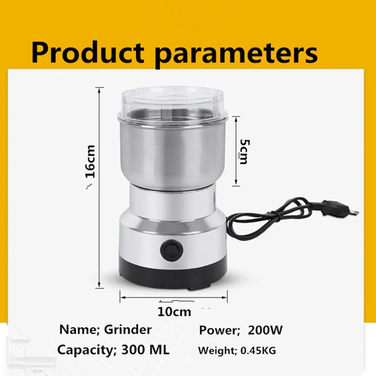 Original product gallery specification graphic showing grinder dimensions, 200W power, 300ml capacity and 0.45kg weight