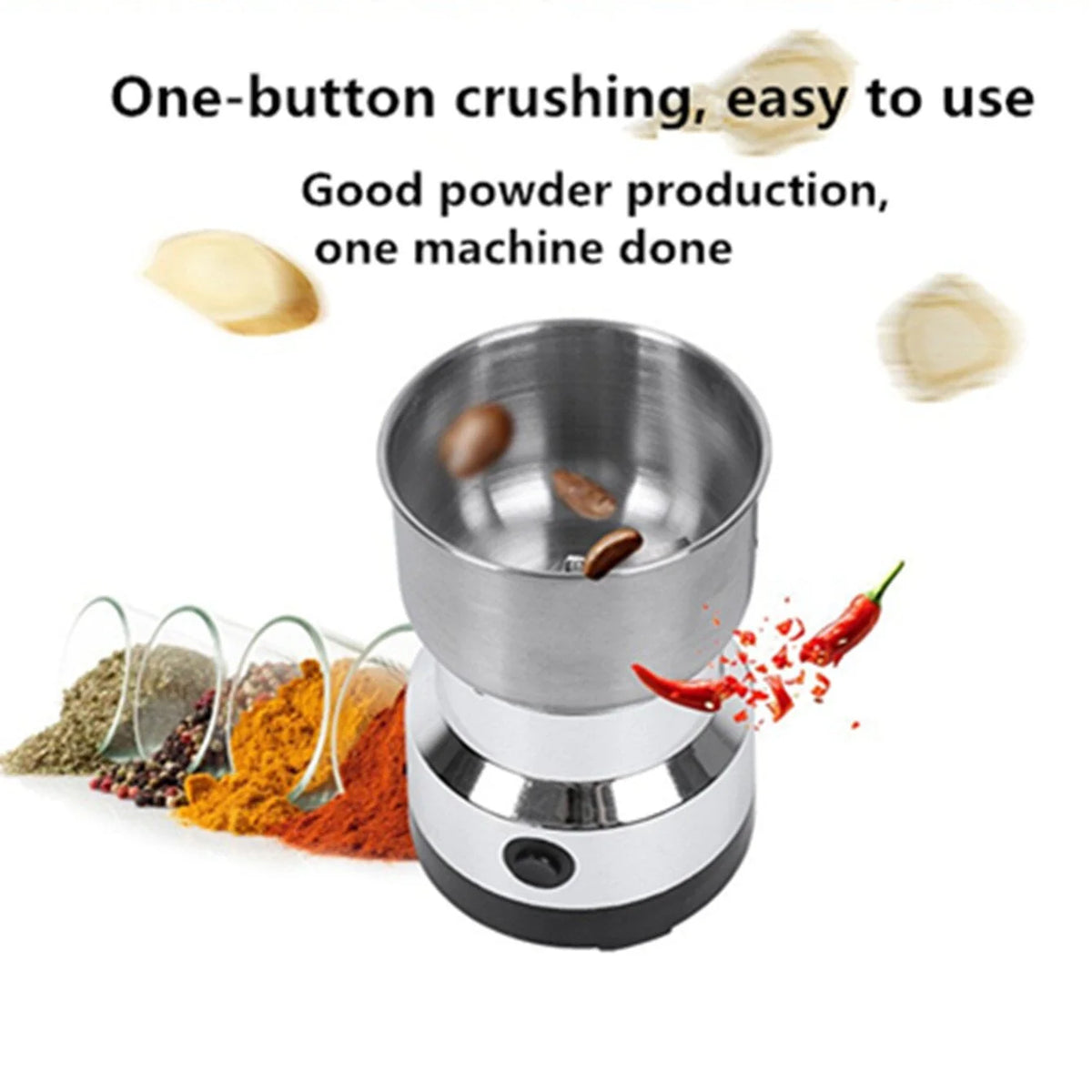 Original product gallery image demonstrating the grain grinder one-button operation and spice grinding