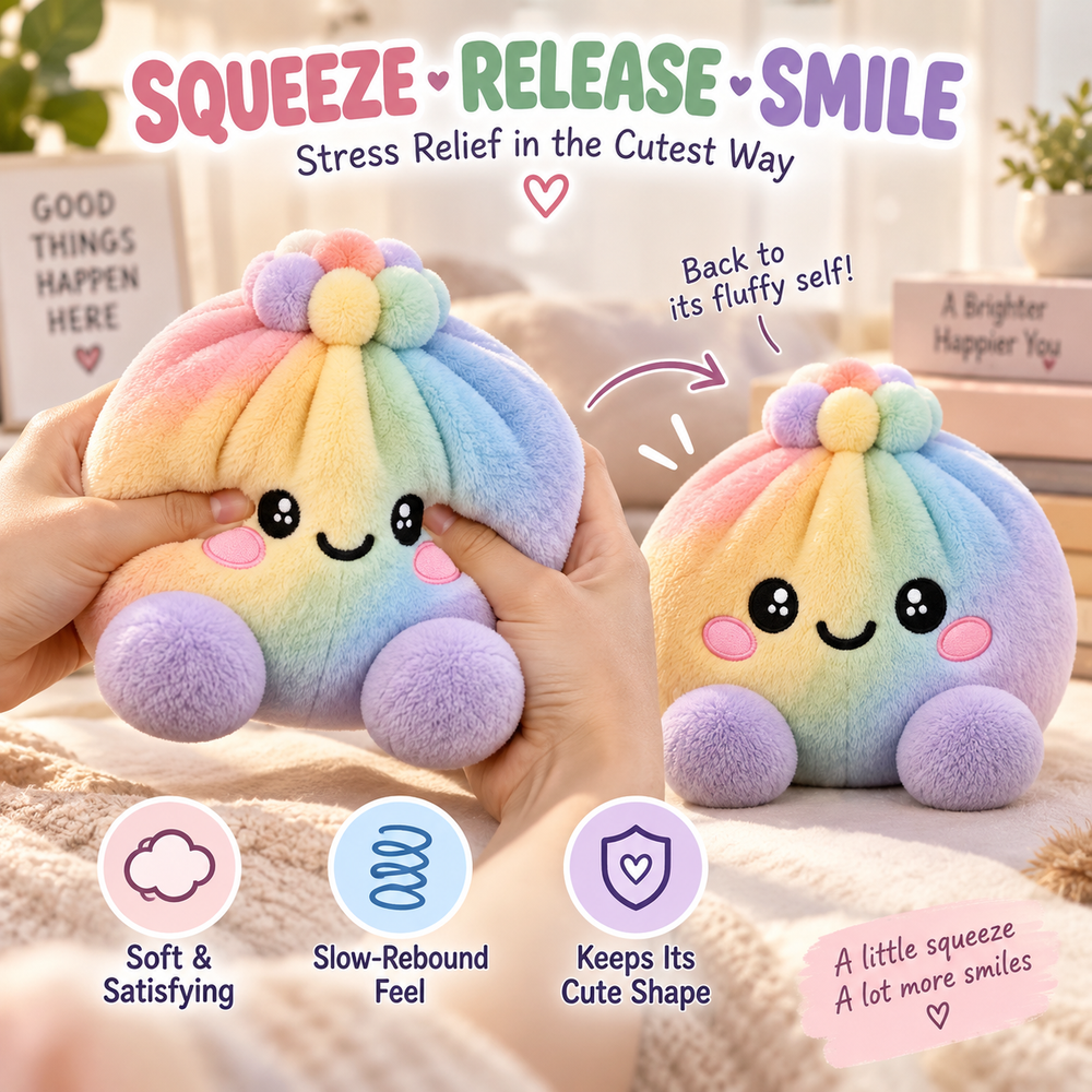 Hands squeezing rainbow plush dumpling and showing slow rebound