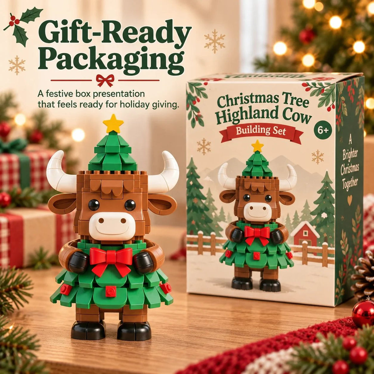 🐮 Christmas Tree Highland Cow Building Set – Cute DIY Holiday Decor & Gift