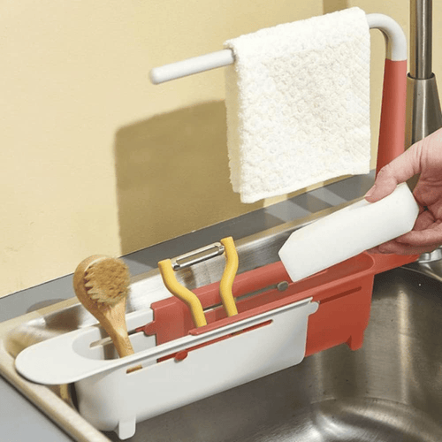 🧽 Telescopic Sink Storage Rack – Adjustable Draining Organizer with Towel Bar