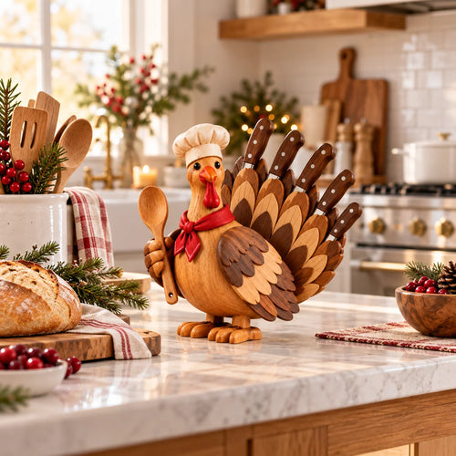 🦃🍂 Wooden Turkey Knife Holder – Thanksgiving Kitchen Décor & Unique Knife Storage 🔪🎁