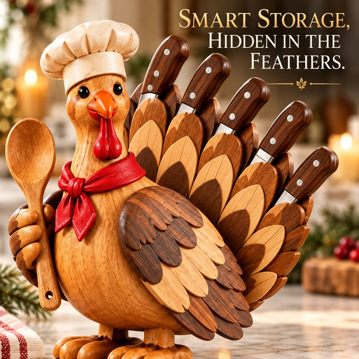🦃🍂 Wooden Turkey Knife Holder – Thanksgiving Kitchen Décor & Unique Knife Storage 🔪🎁
