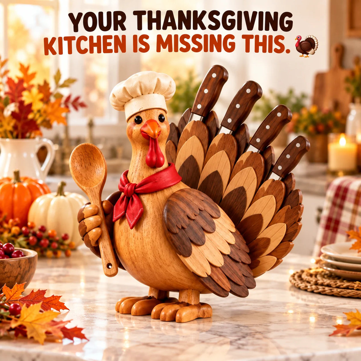 🦃🍂 Wooden Turkey Knife Holder – Thanksgiving Kitchen Décor & Unique Knife Storage 🔪🎁